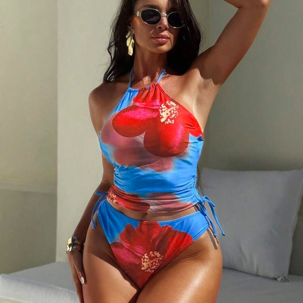 NEW! Blue Red Floral Halter Tankini Swimsuit Bikini Set—Top‎ Large Bottom Medium
